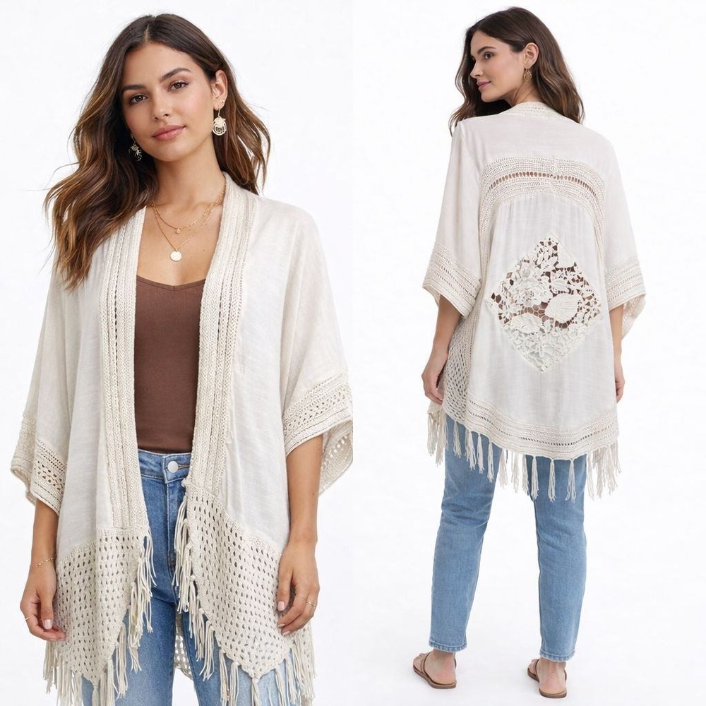Boho Cream Crochet Lace Fringe Kimono Wrap Floral Back Detail One Size Summer